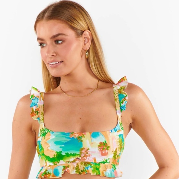 Show Me Your MuMu Tropical Print Ruffle Crop Swim Top Small - Picture 9 of 9